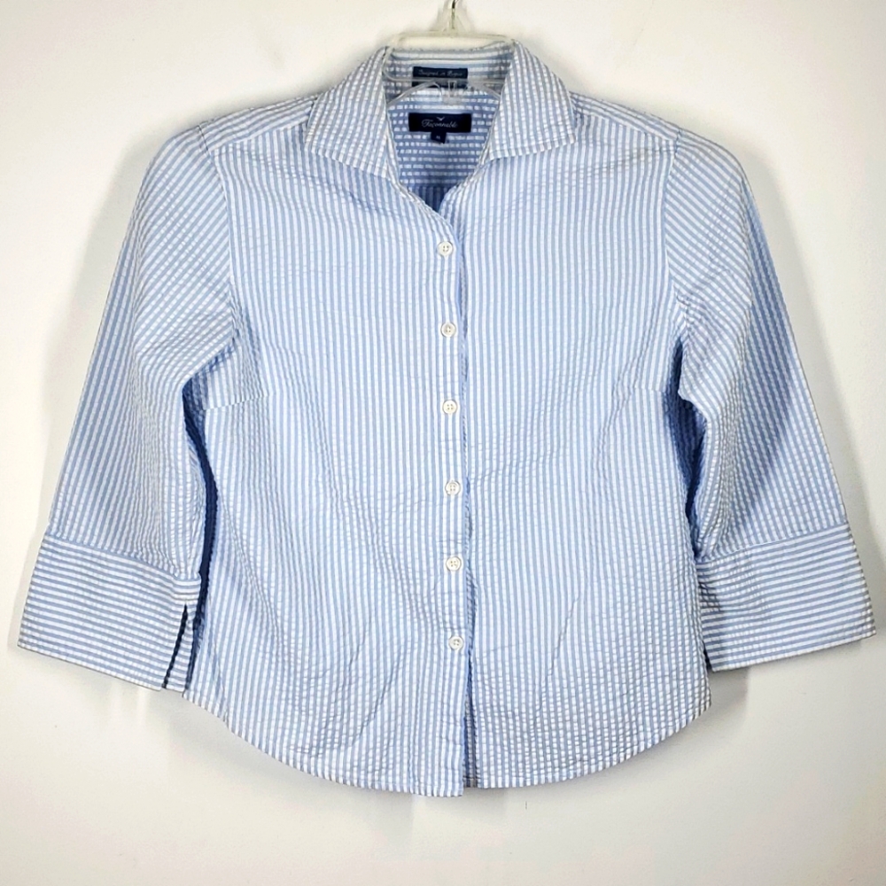 Vintage Faconnable Cotton Blue White Striped Button Down Blouse M
